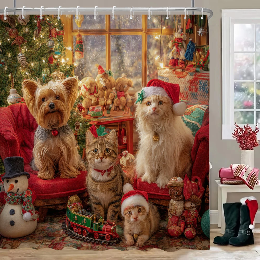 

Рождественская занавеска для душа с изображением кота и собаки, занавеска для ванной комнаты, рождественская занавеска для душа, украшение для дома, рождественская занавеска с крючками