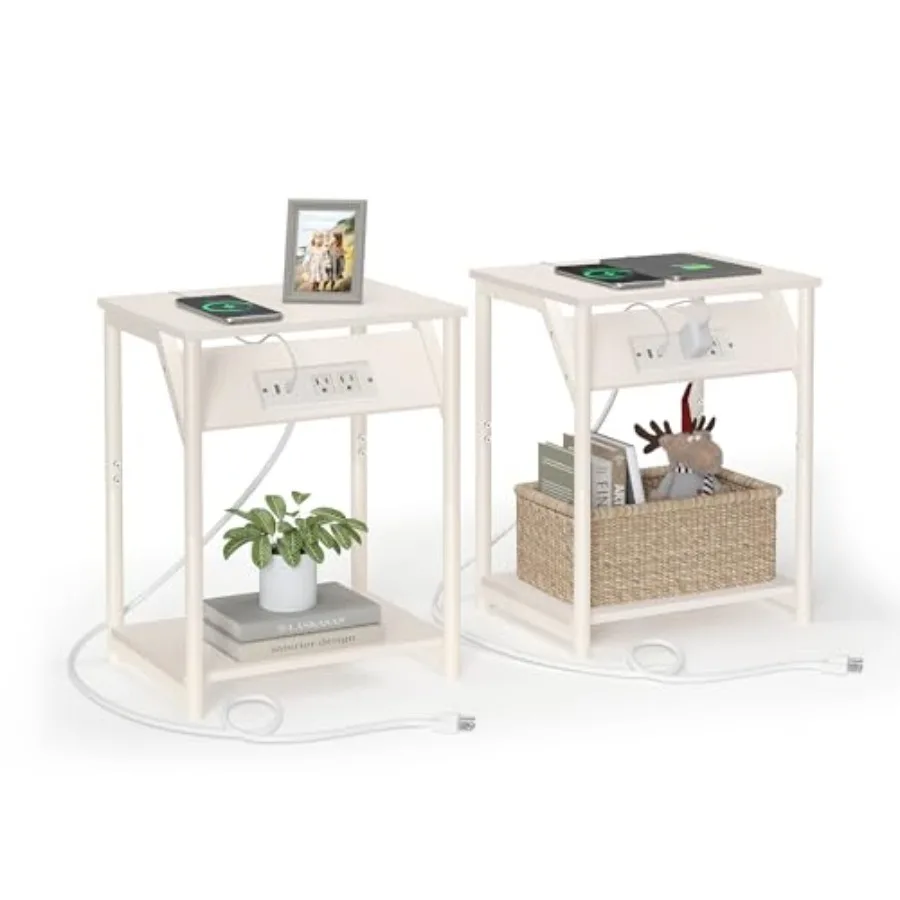 

Прикроватный столик с зарядной станцией, комплект из 2 маленьких приставных столиков для гостиной, спальни, тумбочка с розетками и USB-портами