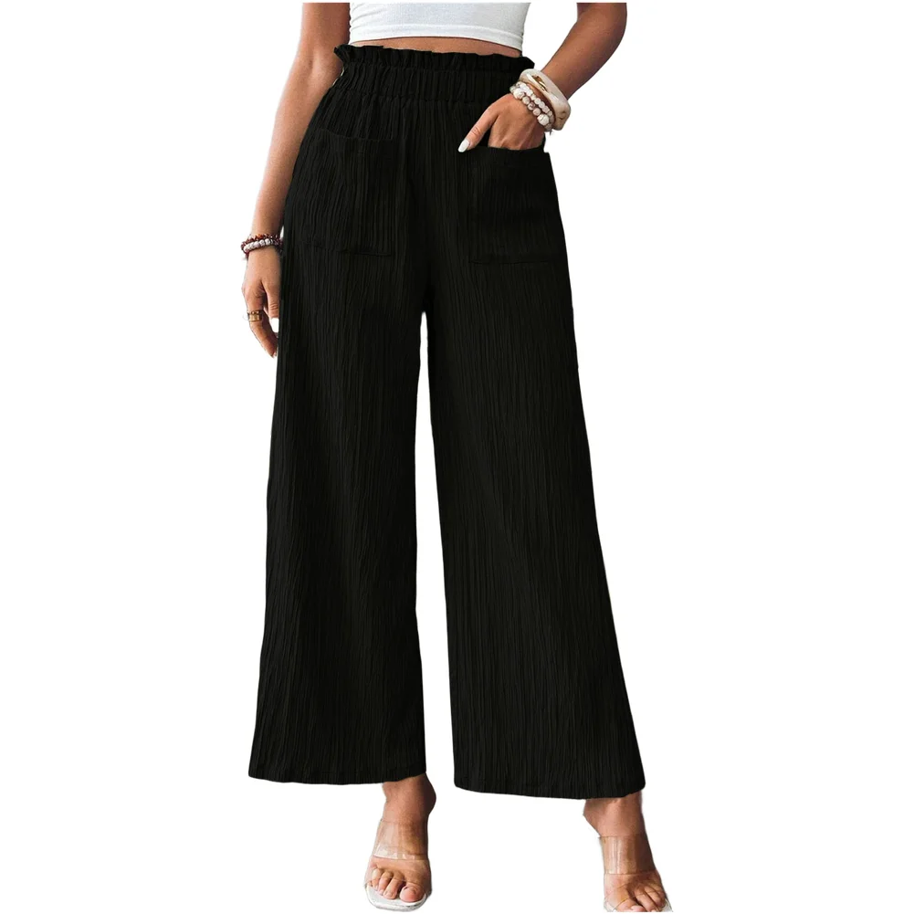 Womens Casual Straight Leg Pants Polyester Spandex Elastic Waist Pleats