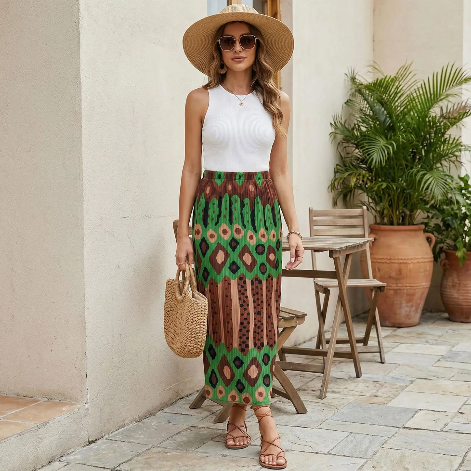 

Miyake Plissé, новинка 2026, весенне-летняя прямая юбка-карандаш в этническом стиле, плиссированная юбка до половины тела с геометрическим принтом и боковым разрезом