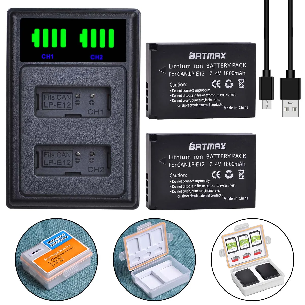 

Batmax 2pcs LP-E12 LPE12 Battery+LED Dual USB Charger with battery storage box for Canon M10,M50,M100,100D Kiss X7 Rebel SL1