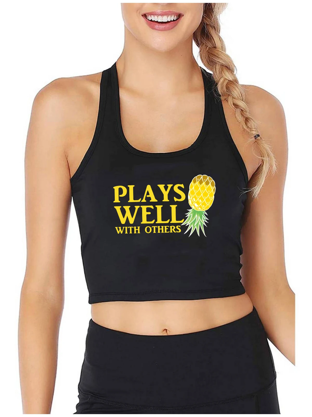 

Plays Well With Others Design Upside Down Pineapple Graphic Tank Tops Hotwife Naughty Sexy Crop Top Swinger Funny Flirt Camisole