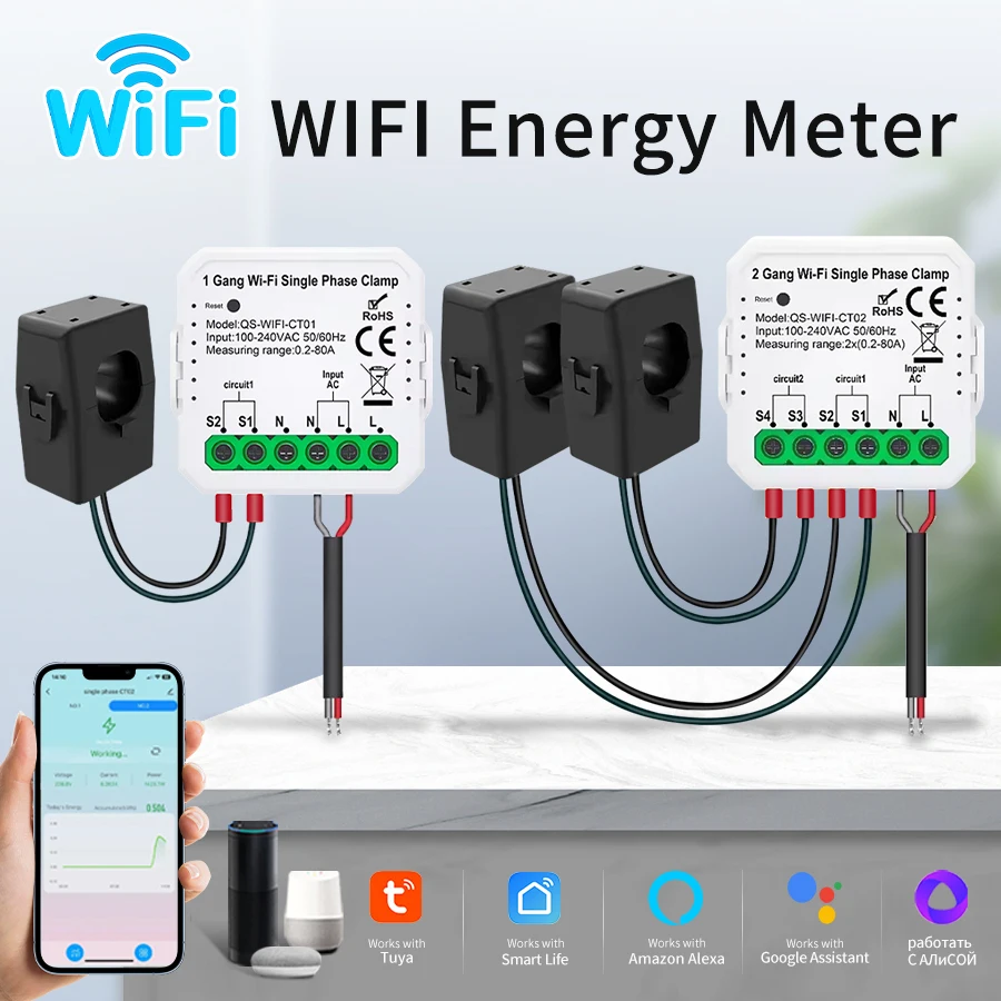 Tuya – moniteur d'énergie intelligent WiFi, double canal, transformateur de courant 80A, moniteur de consommation de Production d'énergie, pour maison intelligente