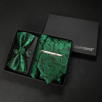JEMYGINS boîte-cadeau de luxe classique Paisley vert soie cravate cravate poche carré boutons de manchette ensemble fête d'affaires mariage hommes noeud papillon