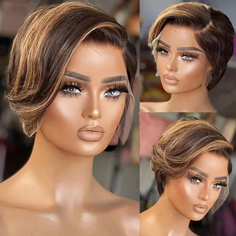 

Hightlight P4/27 Straight 6-Inch Pixie Cut Wig 13X4 Transparent Lace Frontal Remy Human Hair Wigs For Women
