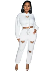 2 Pieces Women's Sets Hollow Out Dashiki African Black White Pullover Suit Tops And Pants Suits Two Piece Set Tracksuit Outfit