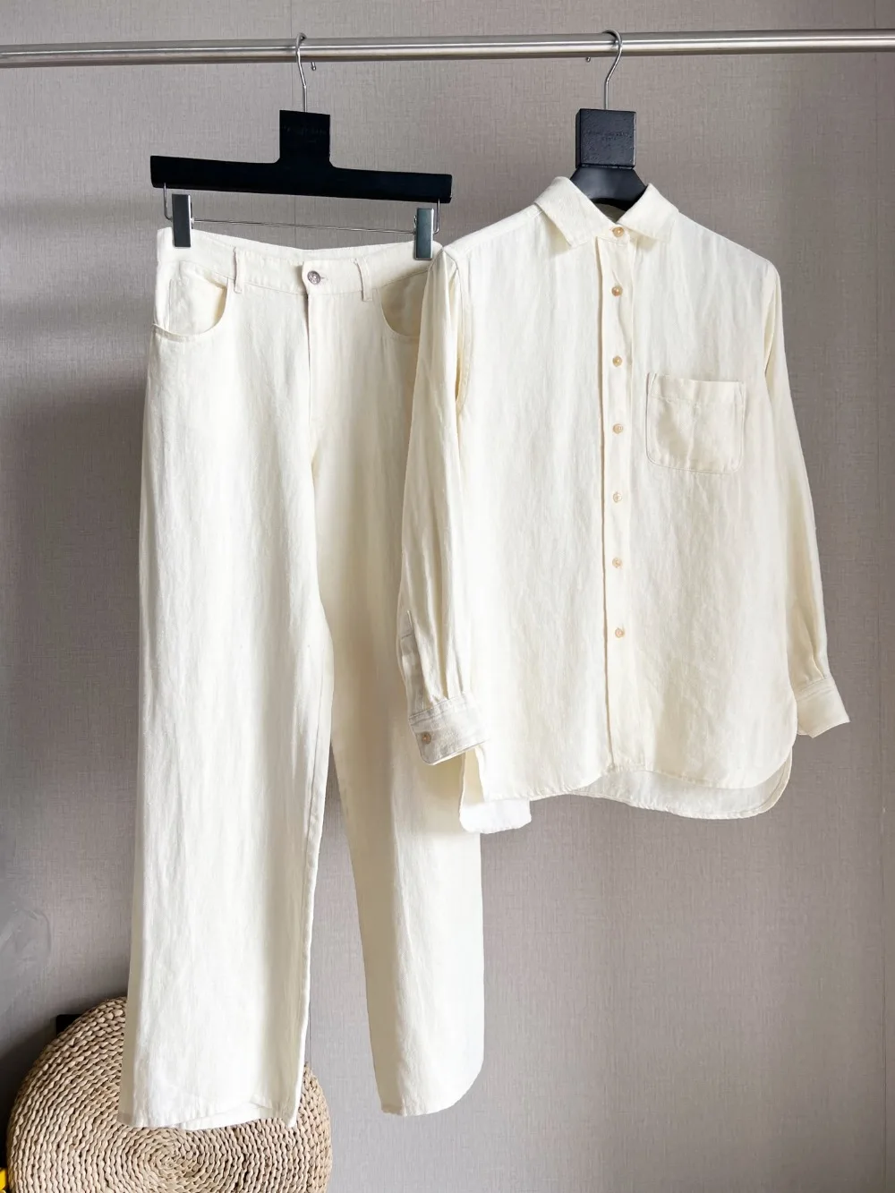 

100% Linen Loose Simple Denim Jacket Straight Casual White Jeans Suit