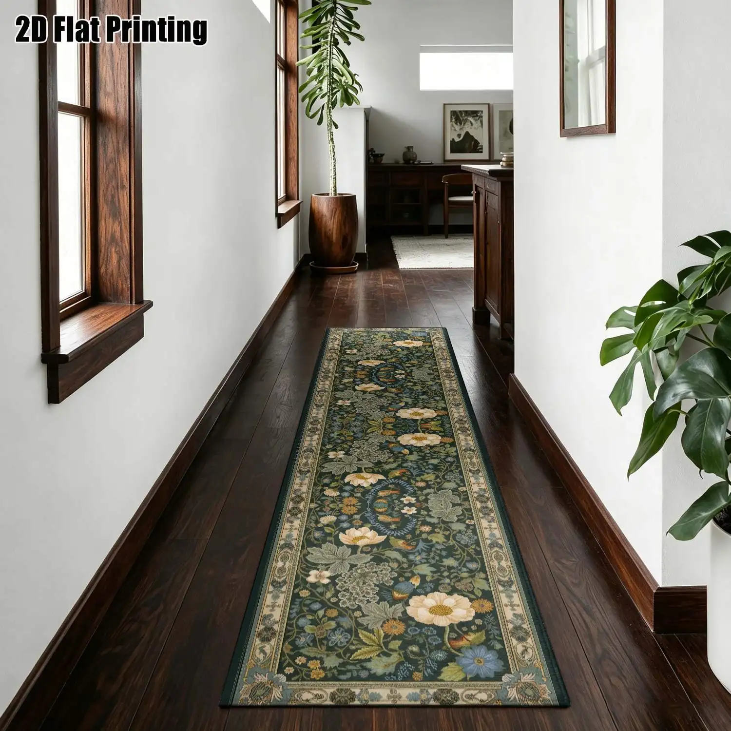 1Pc 2D Printed Long Strip Runner Rug: Retro Blue Floral, European, Bohemian, Geometric, Simple Styles Multi-Size, Machine Washable, Ideal for Entryway, Hallway, Living Room, Bedroom Home Decor.