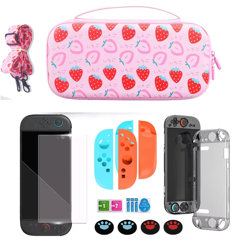 Strawberry Storage Bag Bundle for Nintendo Switch 2 Carrying Case Hard Shell Protective Case with 10 Games Slot for Girls Gift