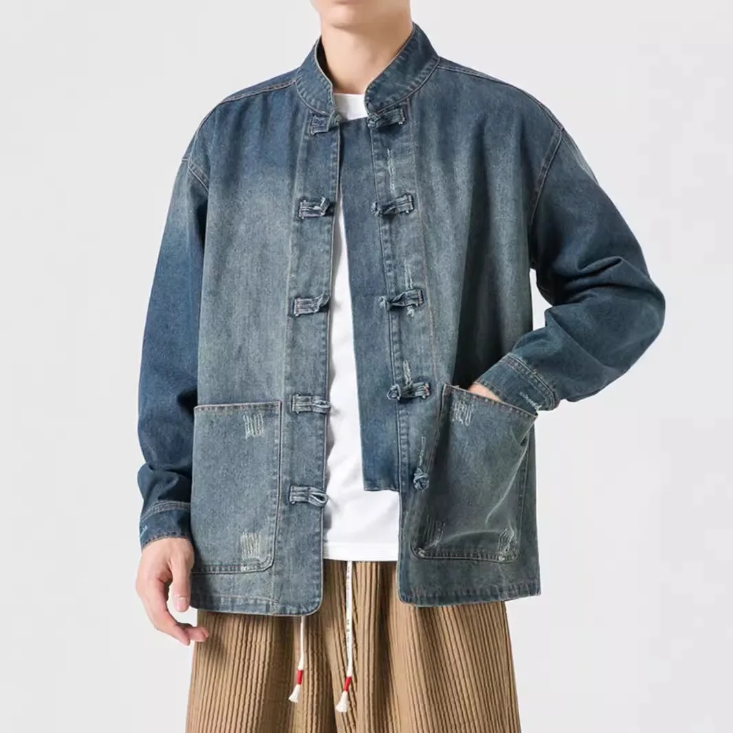 Men Denim Coat Spring Autumn Thin Gradient Color Stand Collar Pocket Male Jacket Single-breasted Loose Casual Man Outerwear