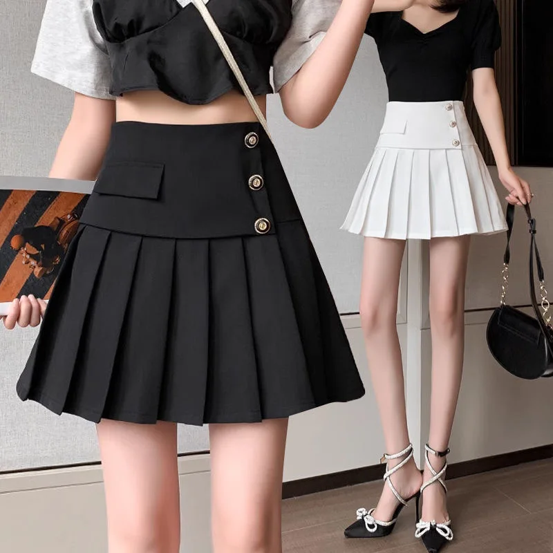 Spring Autumn Pleated Skirts Women Korean High Waist Mini Skirt A-Line Black White Buttons Office Shorts Skirt Harajuku Zipper