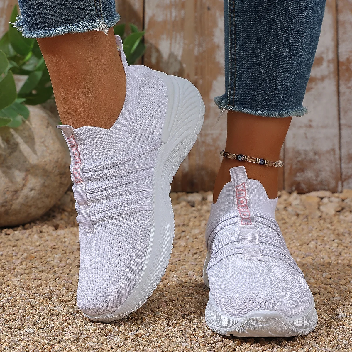 New Women's Breathable Mesh Slip On Sneakers Pink Striped Casual Tennis Shoes Lightweight Comfort Running Shoes image 4