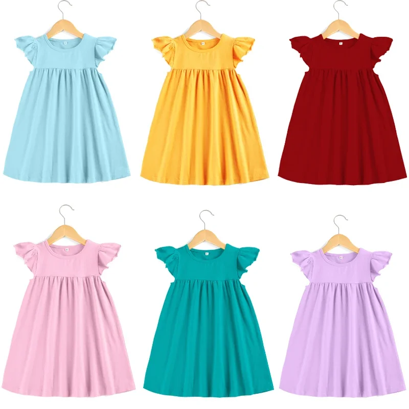 Ruffkids Casual Kids Flutter Pearls Dresses 100% Cotton Princess Simple Vestido Vacation Blue Pink Toddler Girls Summer Dress