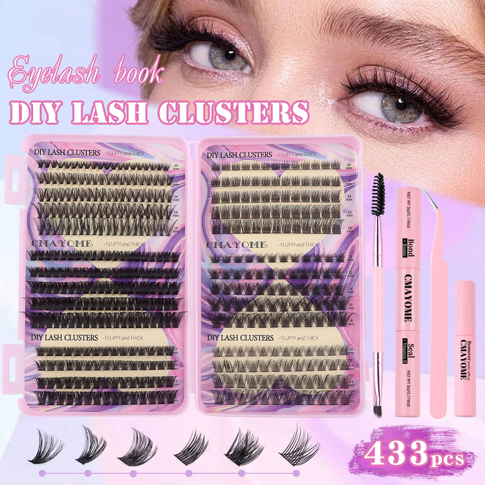 433pcs DIY lash cluster set 10-18mm natural long false eyelash extenstions Individual Thick lashes bond and seal glue Applicator