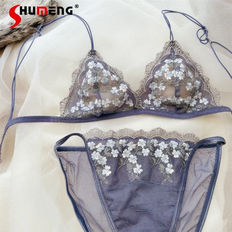 

French Style Backless Lingerie Outfits Women Sexy Ultra Thin Lace Embroidered Bra Set Female Triangle Cup Strap Brief Suits