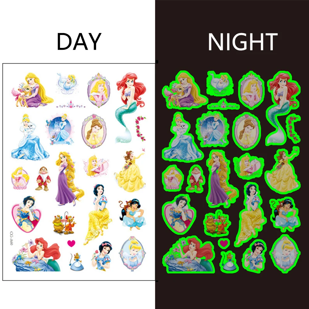 1Pcs Disney Princess Luminous Tattoo Sticker Cartoon Snow White Aurora Children Arm Face Glowing Tattoo Disposable Body Tattoo