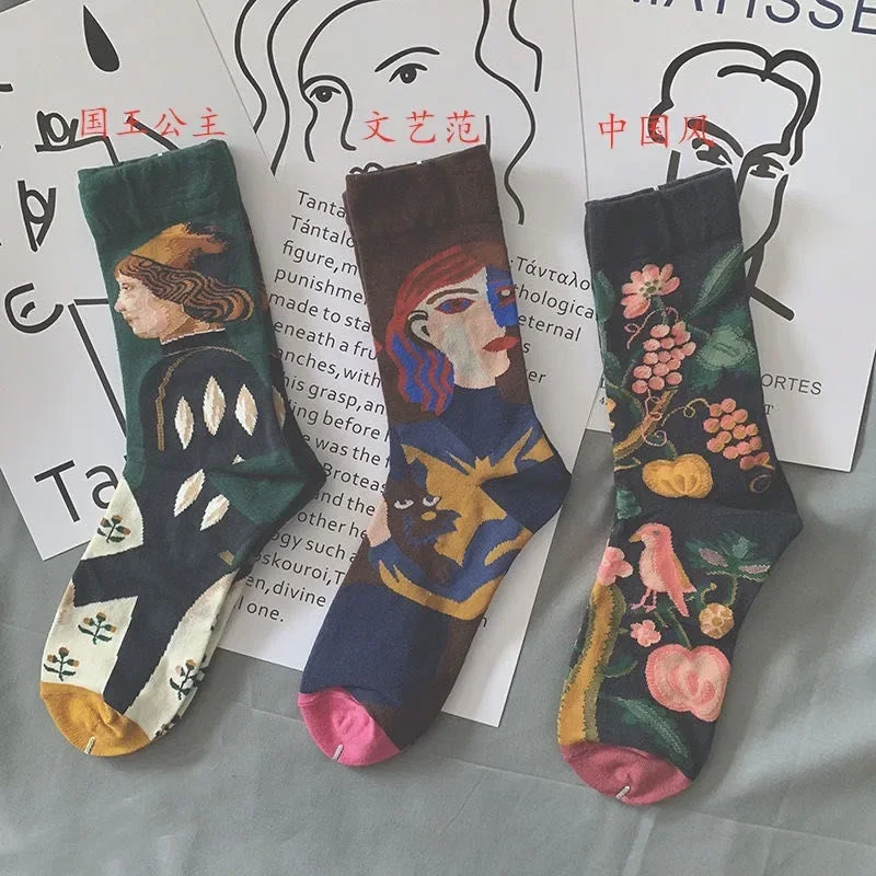 

Retro Oil Painting Pile Up Socks Women Spring and Autumn Style Couple Middle Tube Socks Creative Cotton Socks Calcetines