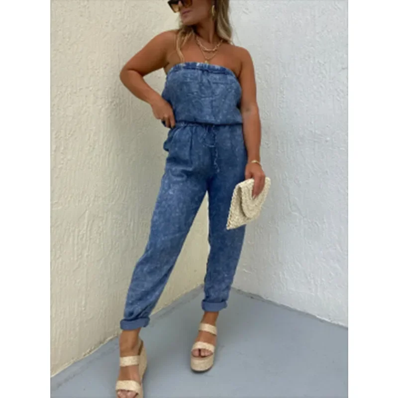 

Women Jumpsuits One Piece Strapless Denim Jeans Overalls Solid Pencil Pants Pockets Spliced Sexy Slim Fit High Street 2024