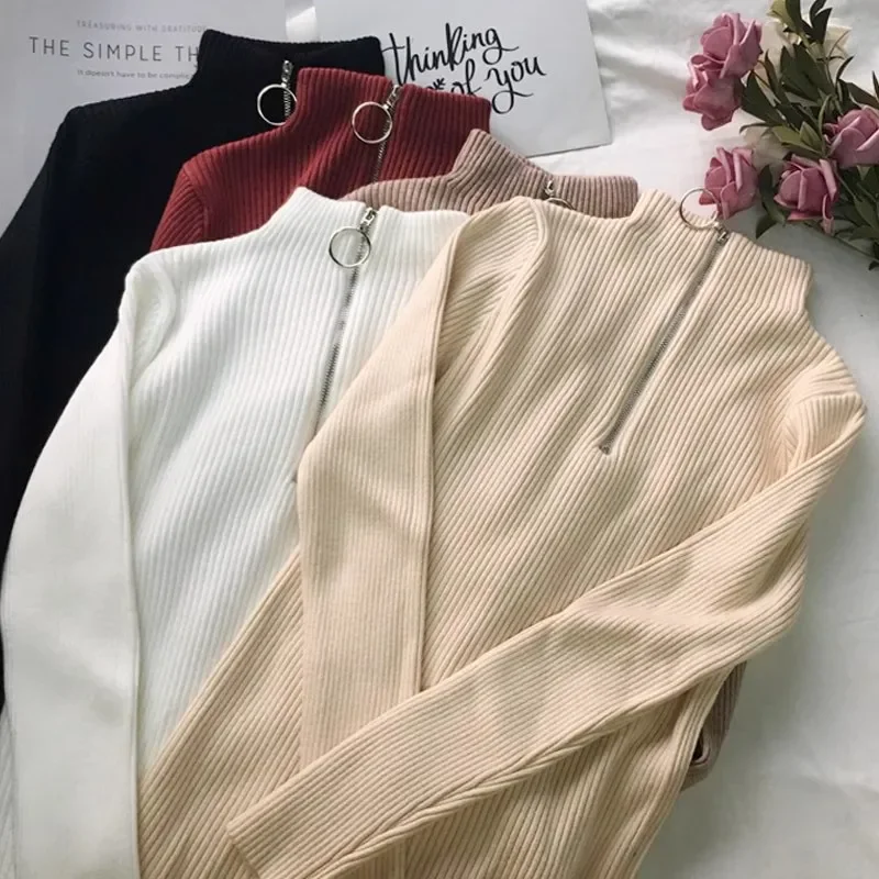 

Long Sleeve Zipper Neckline Knitted Pullover Autumn Winter Turtleneck Women Sweater Female Sweater Slim Basic Knitted Jumpers