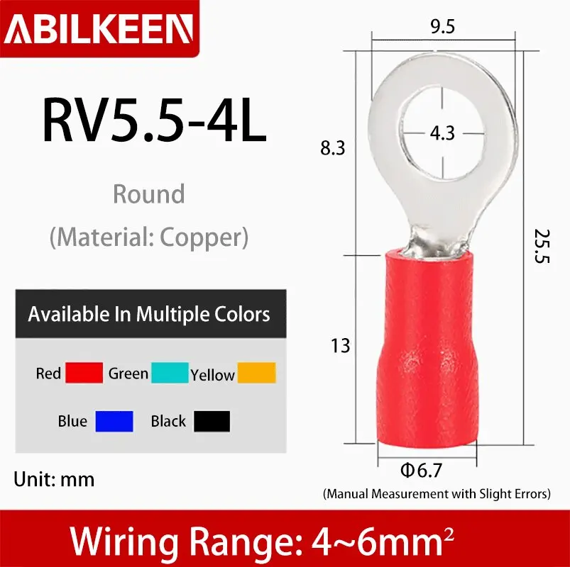 RV5.5-4L Cold pressed Wiring Terminal Pre insulated Connector Voltage Terminal Metal Ring Terminal Connector