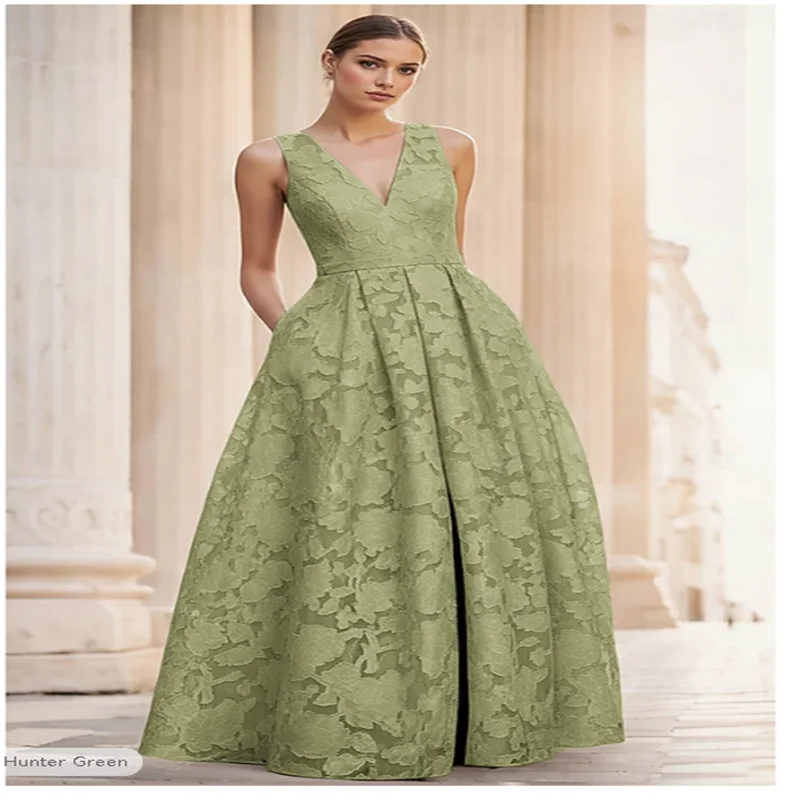 A linha até o chão vestido de noite vestido de baile vestido formal elegante alta divisão sem mangas decote em v casamento formal bolso jacquard