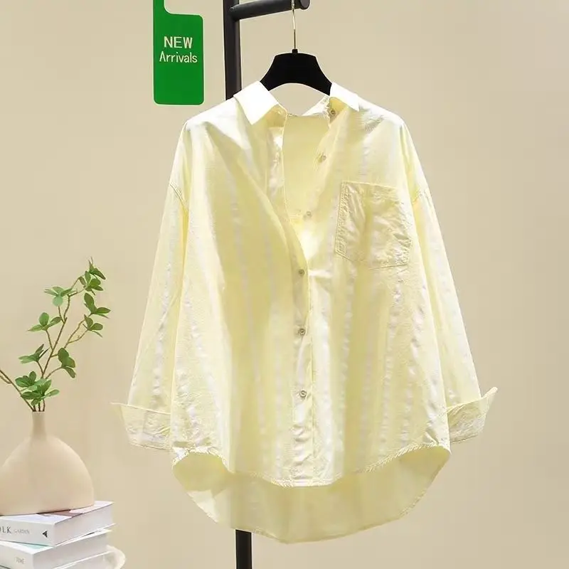 Summer Casual Korean Fashion Loose Buttons Single Breasted Striped Long Sleeve Youth Lively Bright Easy Close to the People Wild