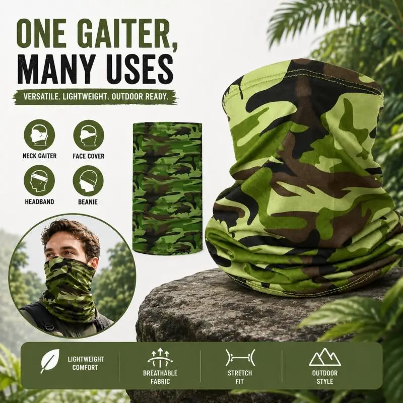 Army Green Camo Neck Gaiter, Multifunctional Face Cover Bandana Headband for Motorcycle Cycling Hiking Outdoor Sports