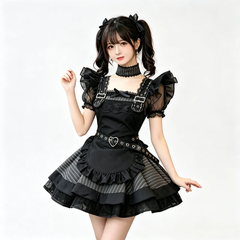 Black Lolita Ruffle Apron Dress with Belt and Choker for Halloween Party Gothic Lolita Maid Dress Women Anime Cosplay Costume