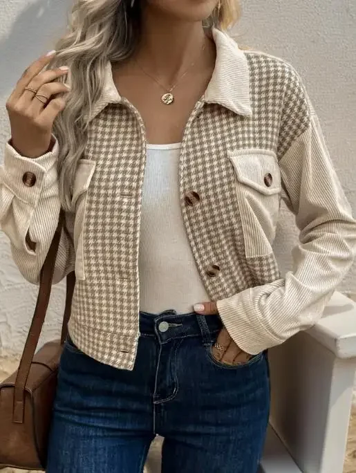 Woman Coat Dialy Clothing Autumn Fashion Wear 2025 New Casual Retro Lapel Short Corduroy Patchwork Houndstooth Women's
