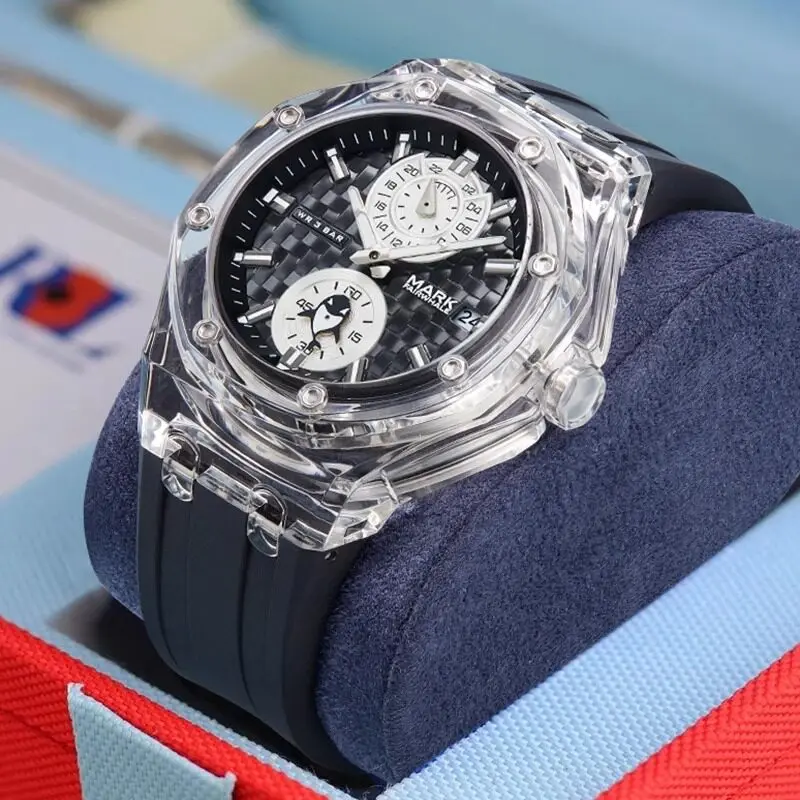 Mark Fairwhale Transparent Acrylic Case Men's Watch Quartz Luminous  Date Display Scilicone Sport wristwatch reloj hombore