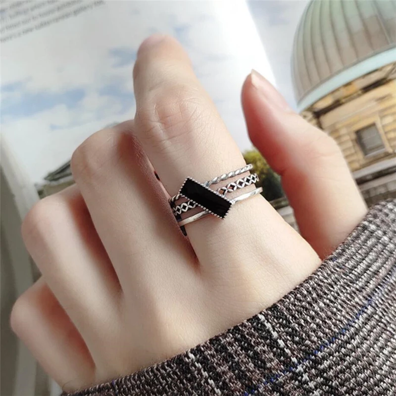 Fine Retro Thai Silver Black Drip Geometric Square 925 Sterling Silver Female Resizable Opening Rings RI449