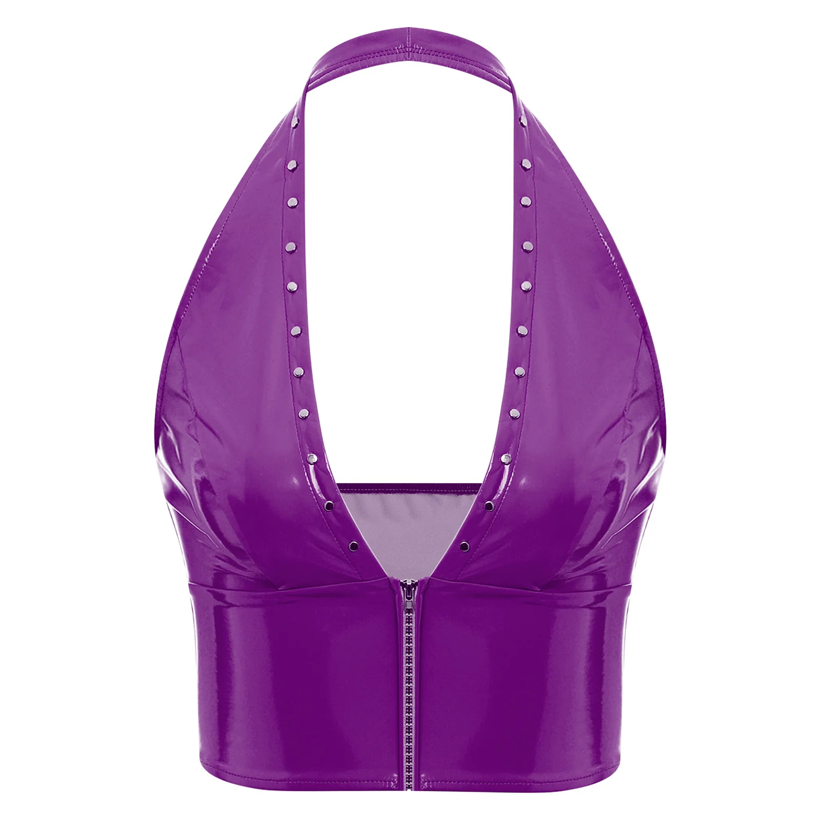 

Womens Glossy PU Crop Tops Halter V Neck Punk Rivets Decor Front Zip Backless Tank Top Wet Look Tops for Night Party Clubwear