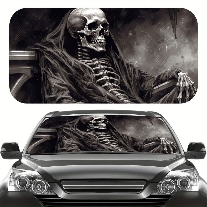 Skull  Sunshade - Fits Most Cars, Vans, Trucks - Material, Roll-Up Front Windshield Protector, Halloween  Decoration
