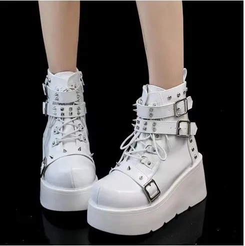 Brand New Ladies Goth Platform Ankle Boots Fashion Buckle Zip Rivet Punk Wedges High Heels Womens Boots Party Street Woman Shoes