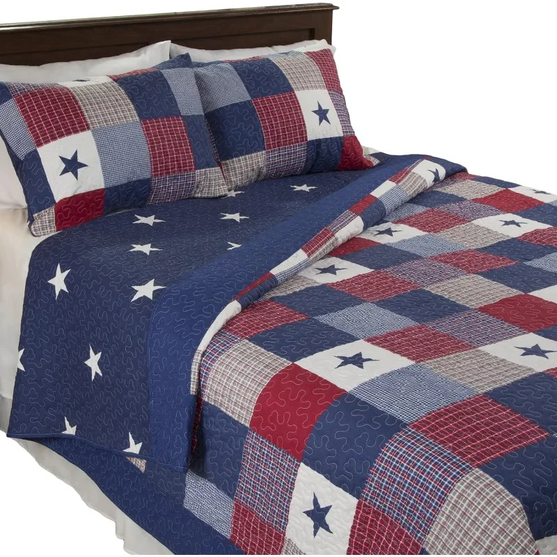 3-PC Microfiber Americana Stars and Plaid Patchwork Blanket 2 Shams – Home Bedding by LHC (Full/Queen) Quilt Set, Multicolor