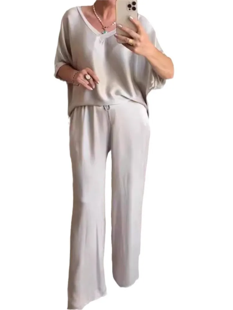 Summer T-shirt Two Piece Conjuntos Para Mujeres 2 Piezas Women Satin Pants Set V-neck Short Sleeved T-shirt Wide Leg Pants Suit