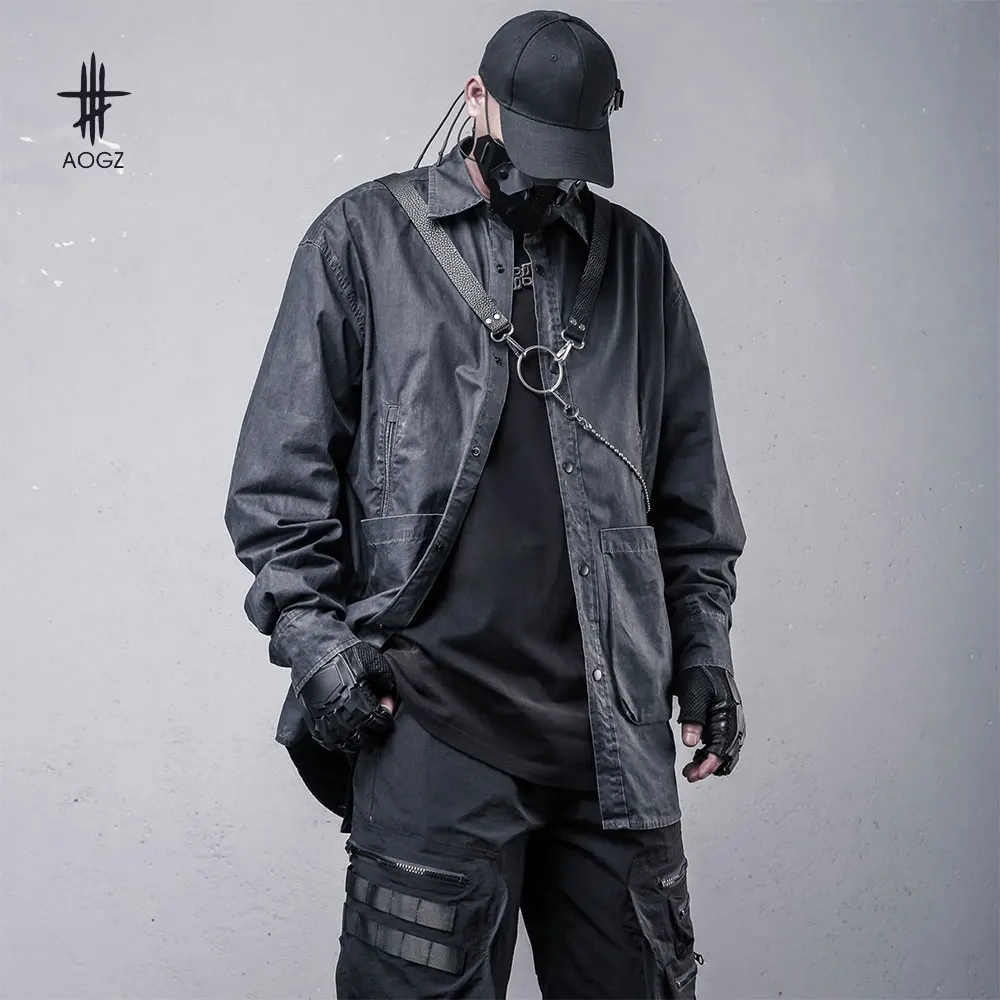 AOGZ Autumn Winter Loose Lapel Shirt Men Clothing Hip Hop Button Pockets Shirts Streetwear Harajuku Oversized Outwear Black Tops