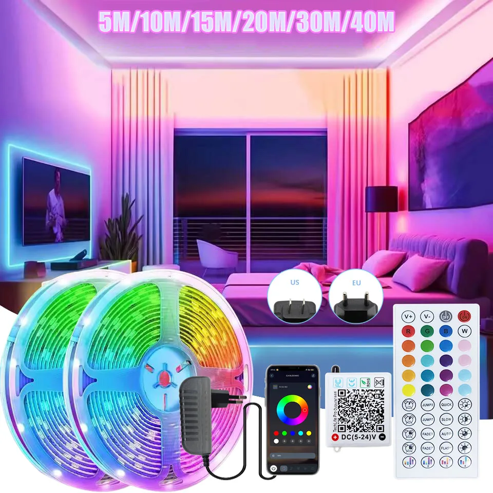 Fita de Luzes LED DC 24V com Fonte de Alimentação 5M 10M 15M 20M 30M 40M, Fita de Luzes RGB para Quarto, Mesa e Quarto Infantil