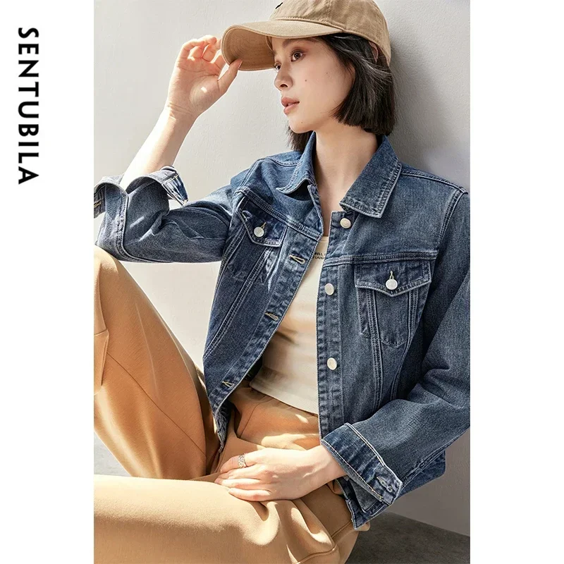 SENTUBILA Women's Classic Light Blue Cropped Denim Jacket Pointed Collar Jean Coat Casual Outerwear for Spring Autumn W43W57147X