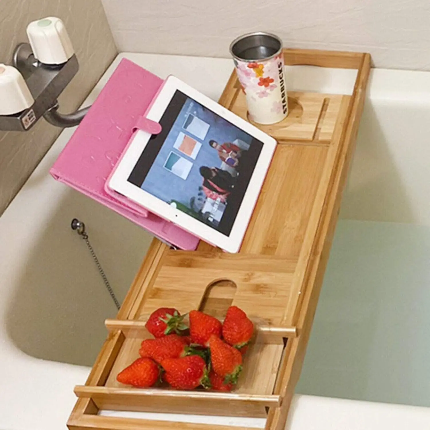 

Bamboo Bath Tray, Extendible 75-109 cm, Bath Tray with Wine Glass Holder, Mobile Phone for Exquisite Bathing Experience