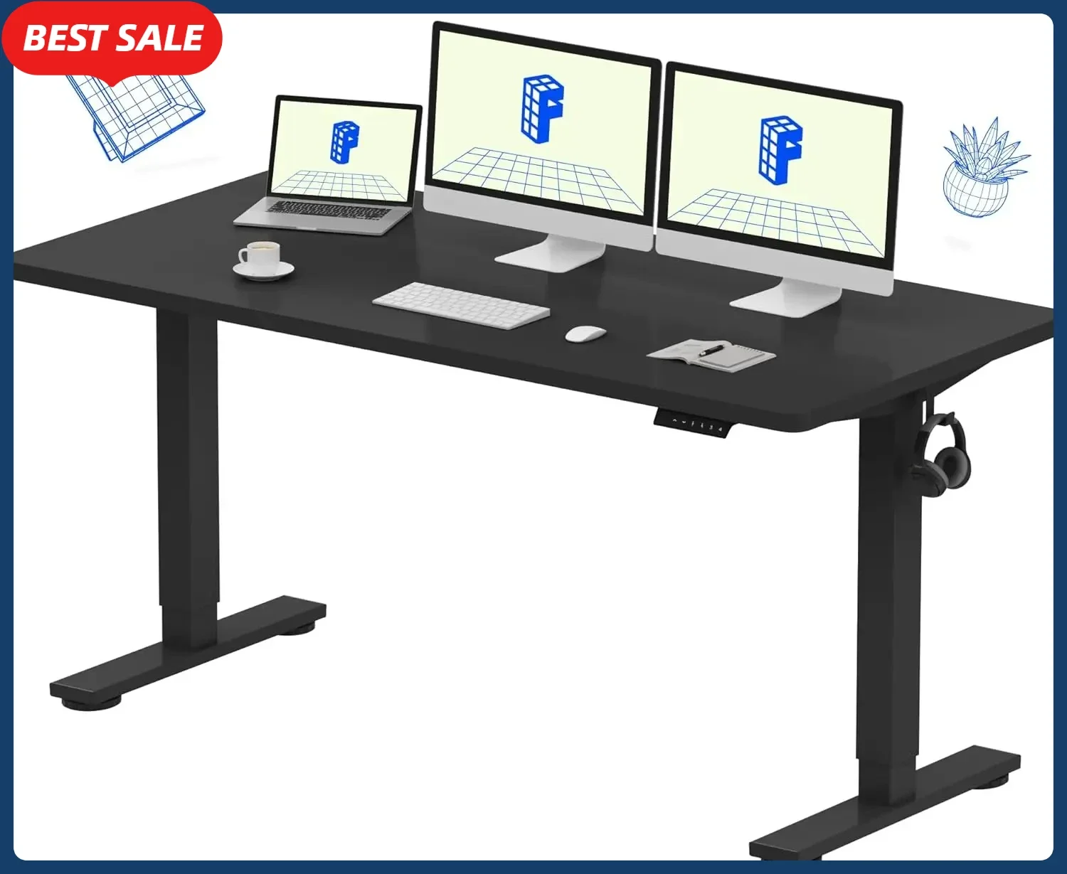 60 × 24 بوصة قطعة كاملة مكتب قائم ارتفاع كهربائي قابل للتعديل الجلوس حامل مكتب للمنزل مكتب إطار أسود 60 أسود #2