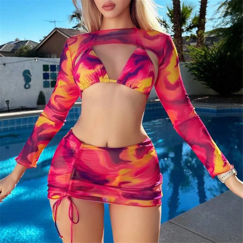 

Red Tie Dye Print Swimwear Halter String Triangle 4 Piece Bikini Set Long Sleeve Smock Cover Up Sexy Swimsuit Women 2025 Bikinis