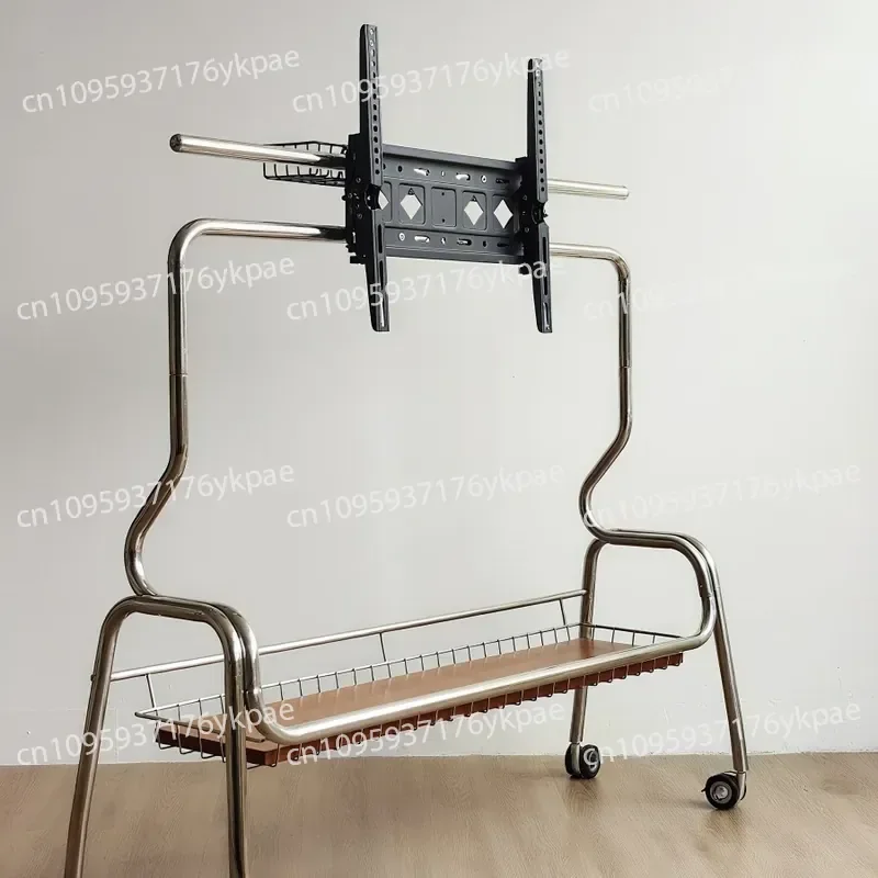 Small Apartment Medieval Ins Wind 304 Stainless Steel Mobile TV Stand, Suitable for 26-65 Inch TV with Wheel Movable