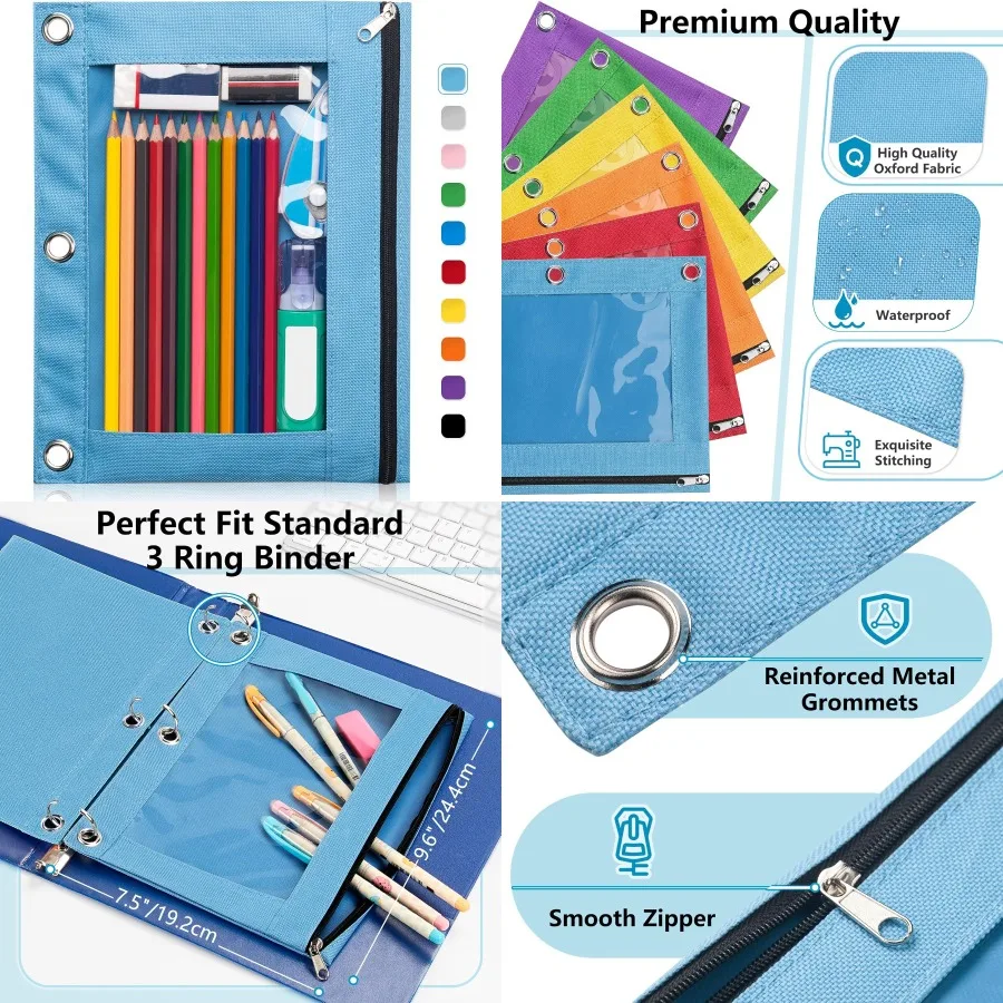 

Небесно-голубой пенал с прозрачным окном и гладкой молнией и 3 усиленными люверсами для школьного офиса и путешествий — большая емкость
