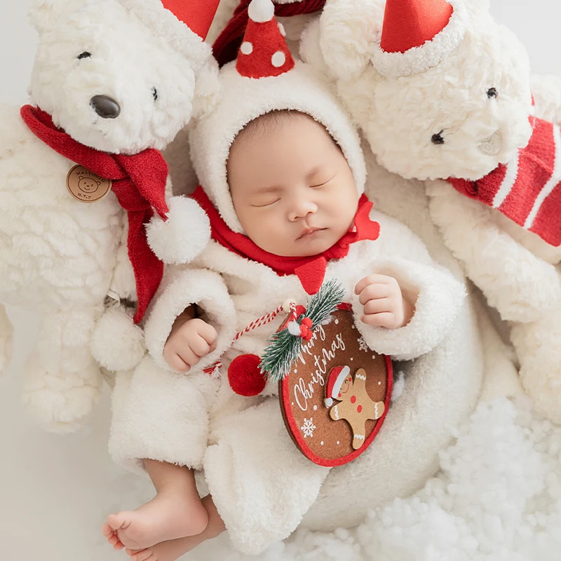 Tuta natalizia per neonato Puntelli per fotografia neonato 0-1 mesi Abito caldo per bambino con cappello, orsacchiotto in posa per bambola Servizio fotografico in studio