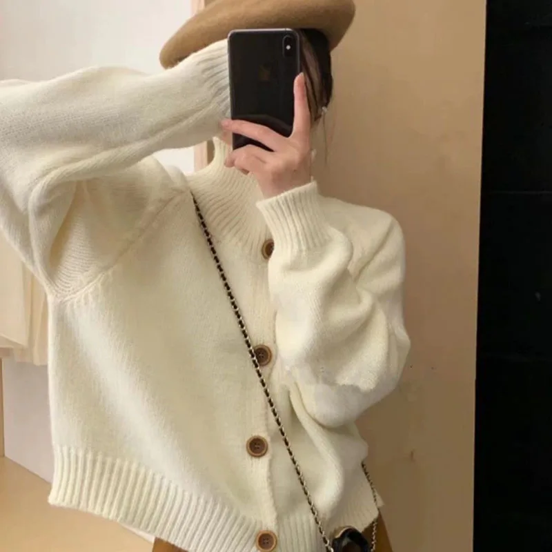 Automne hiver épais chaud col roulé chandails femmes solide Style paresseux lâche tricoté Cardigan femme coréenne décontracté court pull