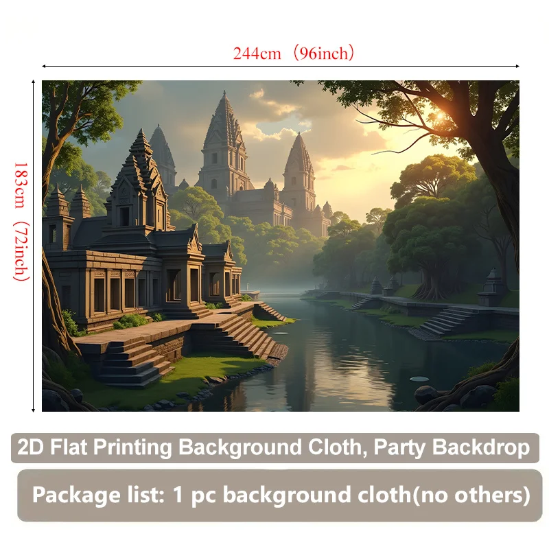 Ancient Temple Riverside Tapestry Sunset Scene Lush Greenery Tranquil Water Living Room Bedroom Office Boho Decor
