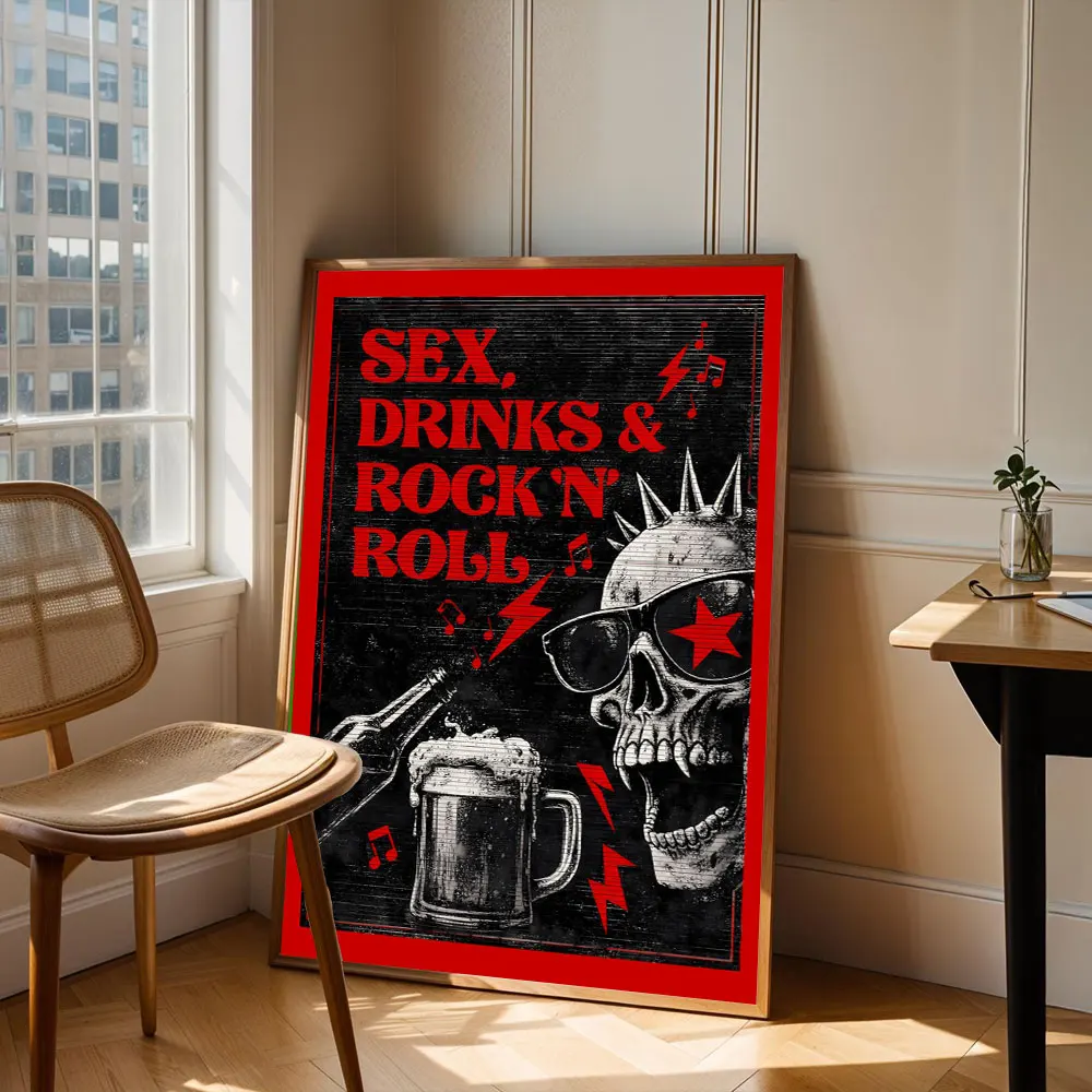 Drinks & Rock n Roll Vintage Posters Canvas Painting Print Room Home Kitchen Bar Cafe Room Wall Skull Rock Decor