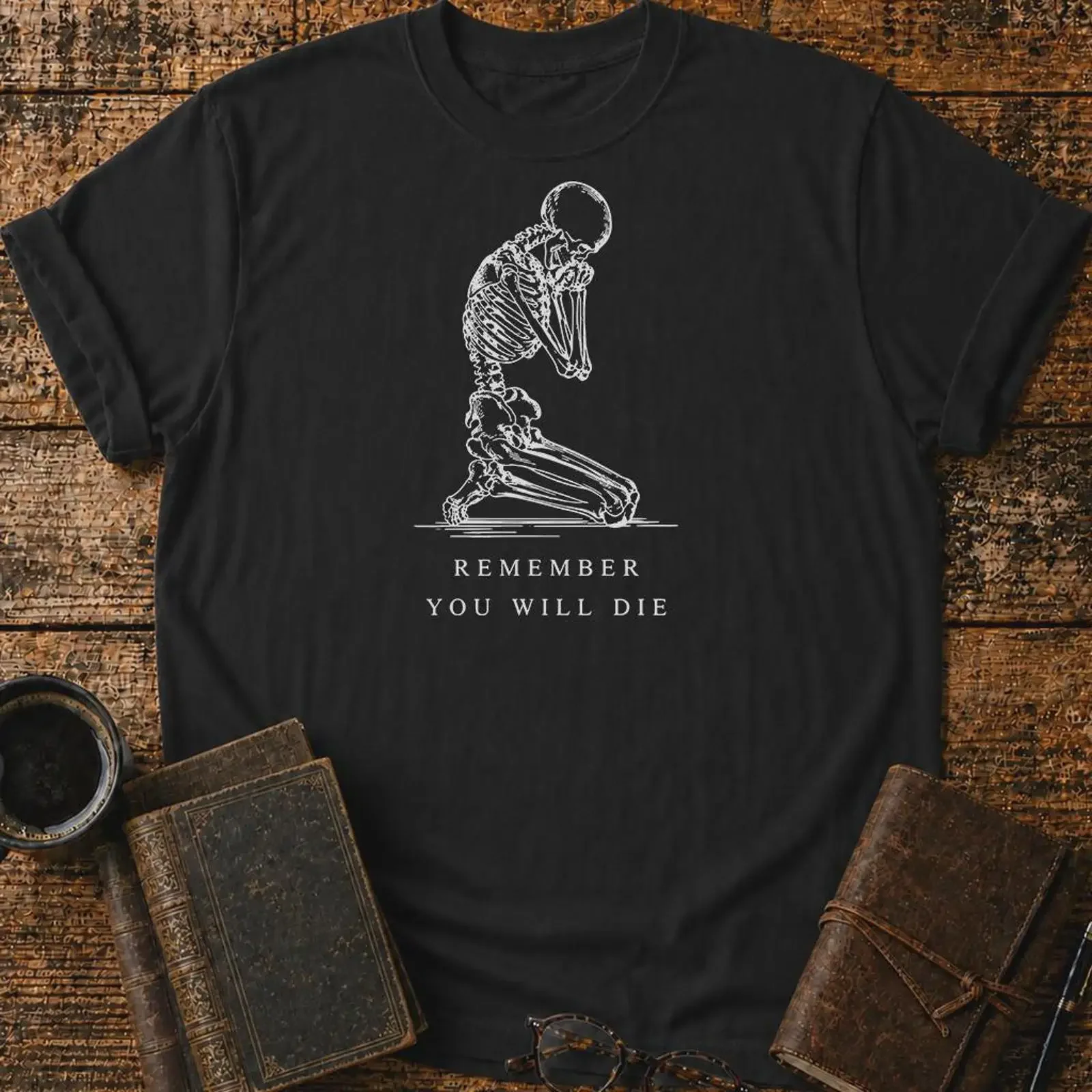 Remember You Will Die T Shirt Memento Mori Stoic Philosophy Praying Skeleton  vintage Washed Versatile streetwear graphic homme