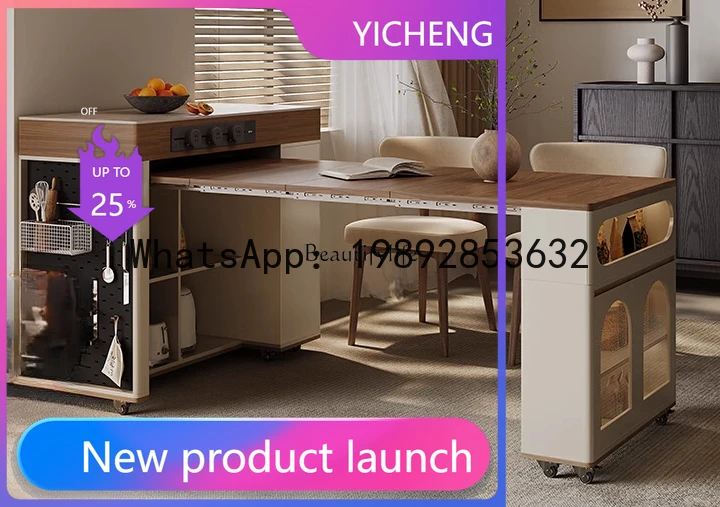 

QQ Medieval retractable island dining table integrated folding mobile cream style retro dining table combination